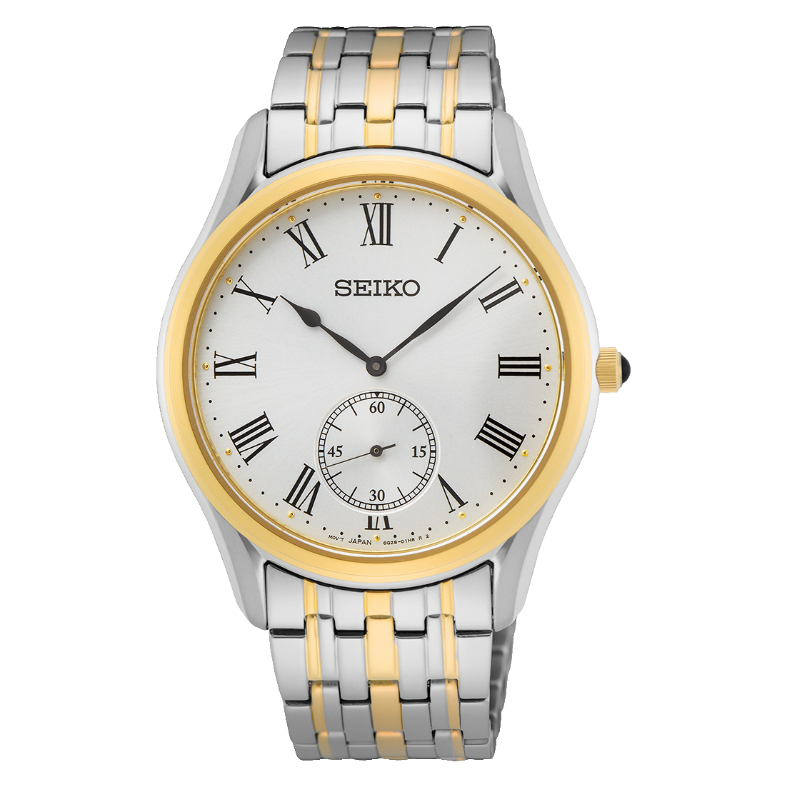 Seiko wristwatch with a two-tone silver and gold metal band and Roman numeral dial.