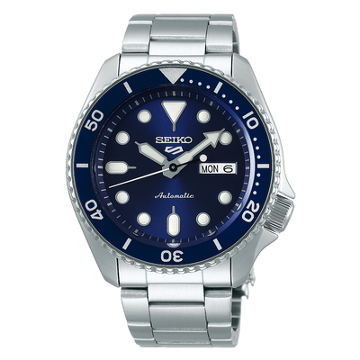 Seiko 5 Sports automatic dive watch with a blue dial and stainless steel bracelet.