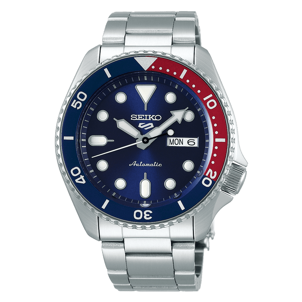 Seiko 5 Sports automatic dive watch with blue and red bezel.