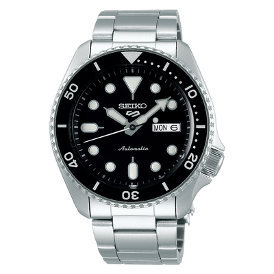 Seiko 5 Sports automatic dive watch with black dial and stainless steel bracelet.