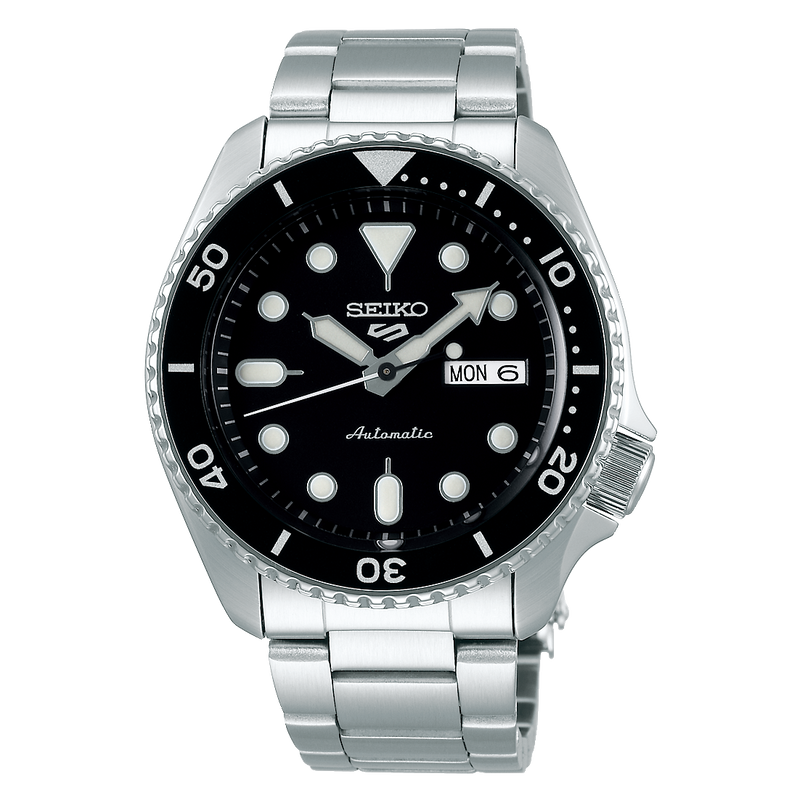 Seiko 5 Sports automatic dive watch with black dial and stainless steel bracelet.