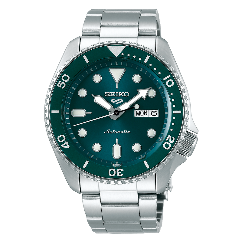 Seiko 5 Sports automatic dive watch with a green dial and stainless steel bracelet.