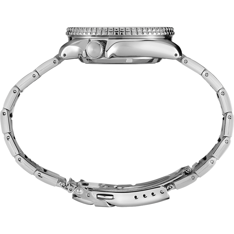 Stainless steel wristwatch with a metal link bracelet and textured bezel.