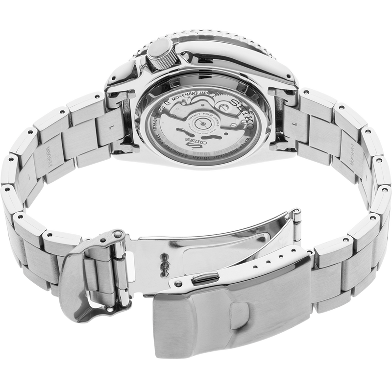 Stainless steel wristwatch with its back case open, revealing the internal movement mechanism.