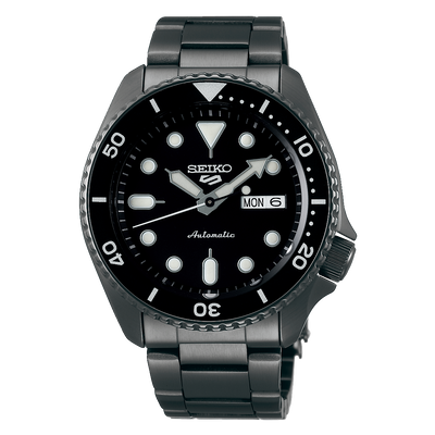 Black Seiko 5 Sports automatic dive watch with a metal bracelet.