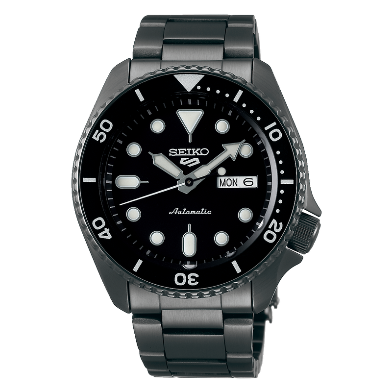 Black Seiko 5 Sports automatic dive watch with a metal bracelet.