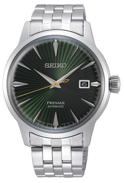 Seiko Presage automatic wristwatch with a green sunburst dial and stainless steel bracelet.