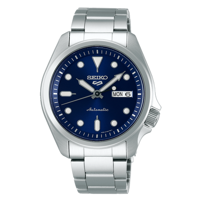 Seiko 5 automatic wristwatch with a blue dial and stainless steel bracelet.