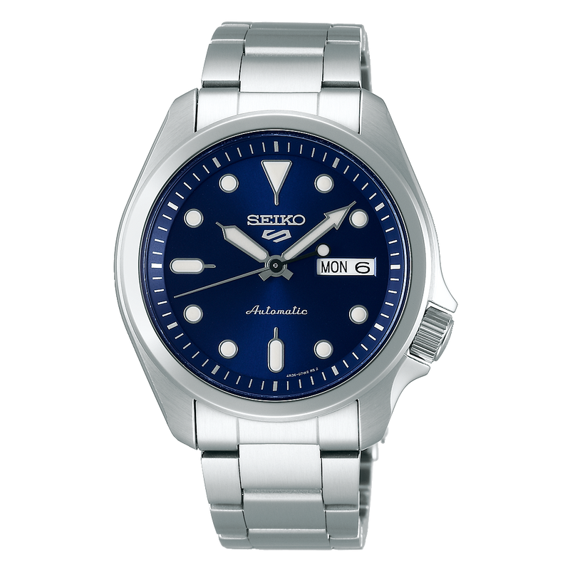 Seiko 5 automatic wristwatch with a blue dial and stainless steel bracelet.