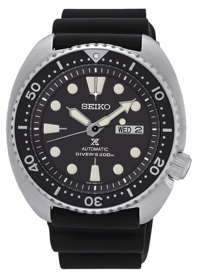 Seiko automatic dive watch with a black dial and rubber strap.