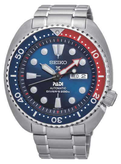 Seiko Prospex PADI dive watch with a blue and red bezel.