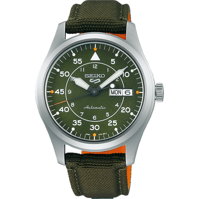 Seiko automatic wristwatch with a green dial and canvas strap.