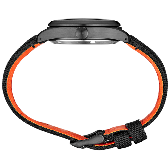 Sleek wristwatch with a black case and orange-accented nylon strap.