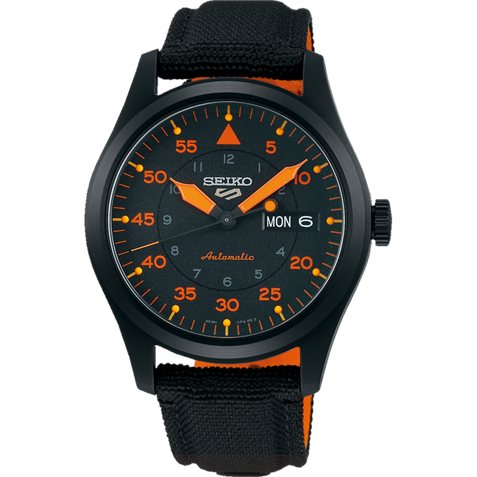 Black wristwatch with orange markings on the dial and a fabric strap.