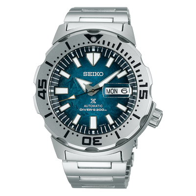 Stainless steel Seiko dive watch with a blue dial and day-date display.