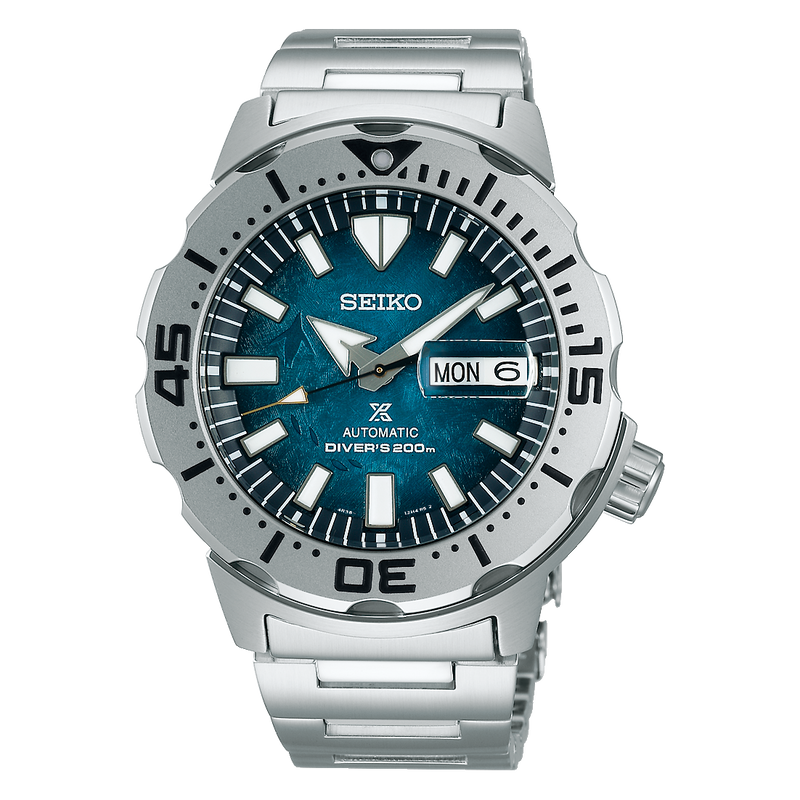 Stainless steel Seiko dive watch with a blue dial and day-date display.