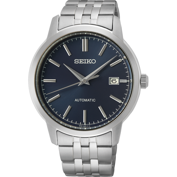 Seiko automatic wristwatch with a blue dial and stainless steel bracelet.