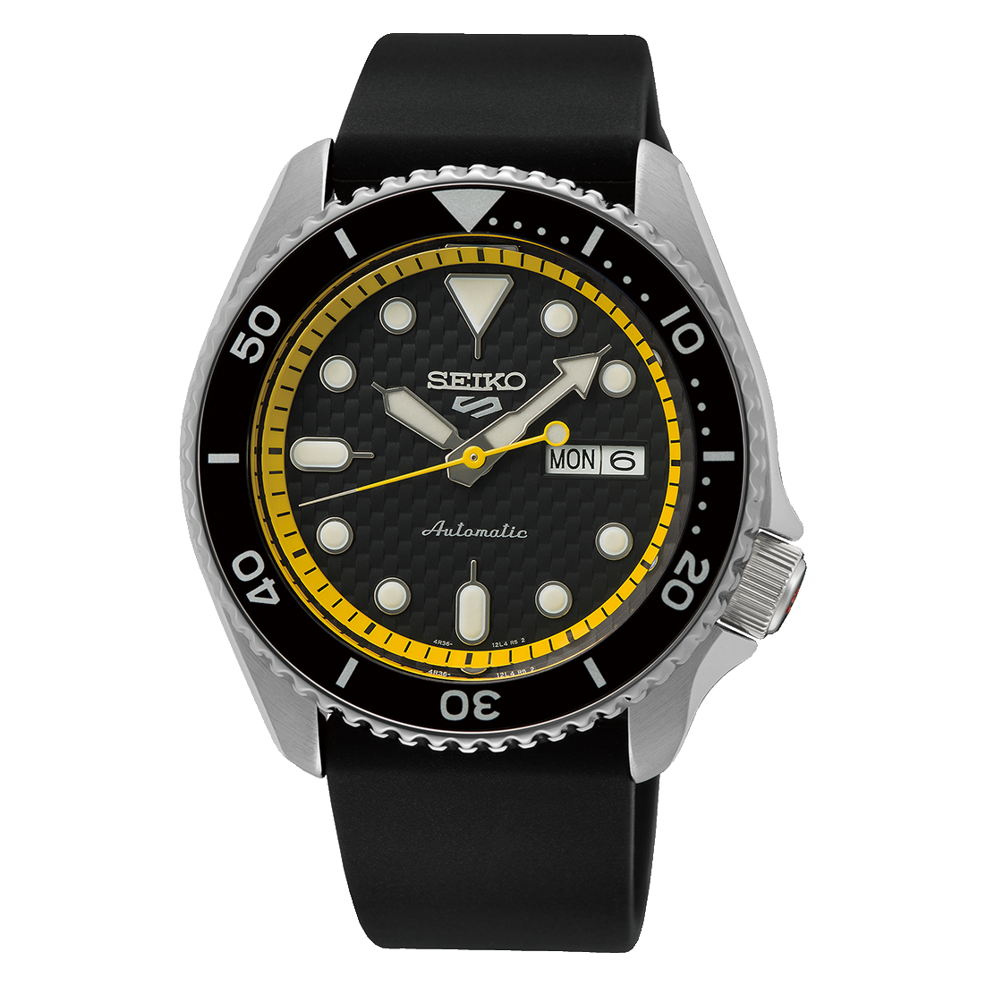 Seiko dive watch with a black dial, yellow inner bezel ring, and rubber strap.