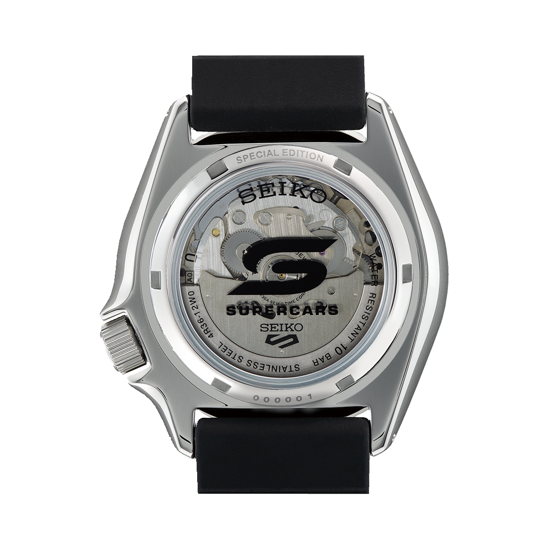 Seiko wristwatch with a transparent case back showing internal mechanisms.