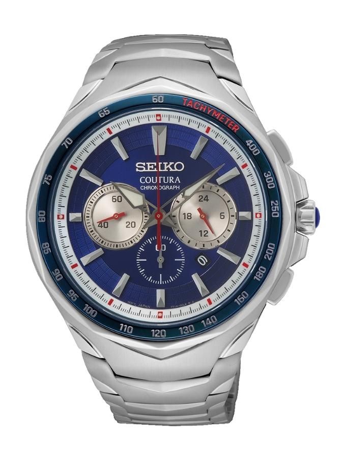 Seiko Coutura chronograph watch with a blue dial and silver metal bracelet.