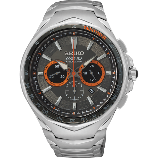 Seiko Coutura chronograph wristwatch with a silver metal bracelet and dark gray dial featuring orange accents.