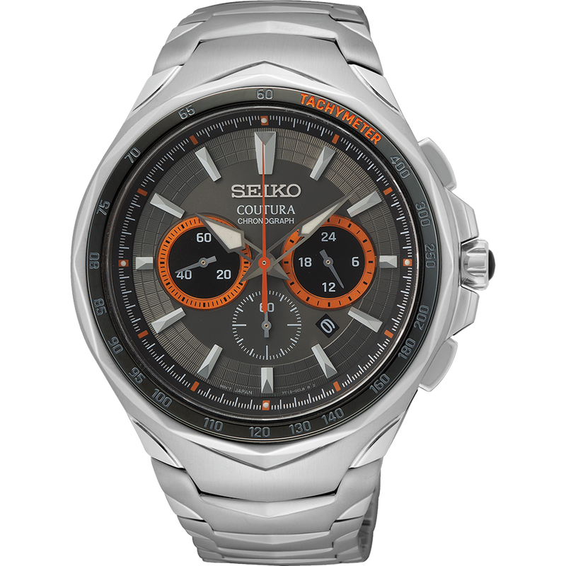 Seiko Coutura chronograph wristwatch with a silver metal bracelet and dark gray dial featuring orange accents.