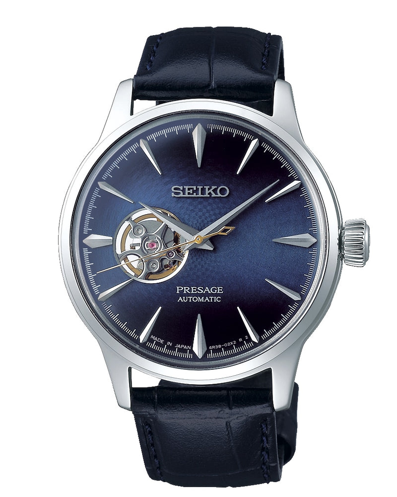 Seiko Presage automatic wristwatch with a blue dial and black leather strap.