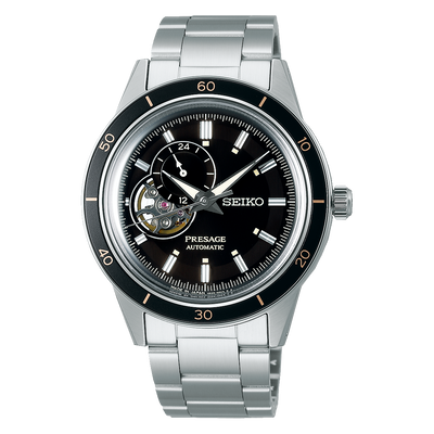 Stainless steel Seiko Presage automatic wristwatch with a black dial and rotating bezel.