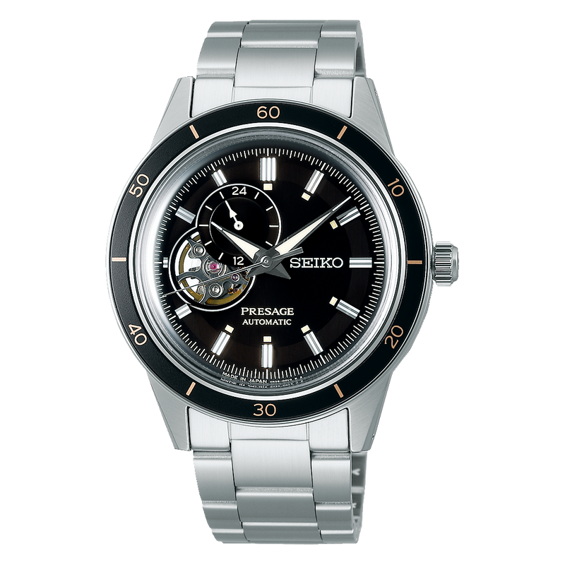 Stainless steel Seiko Presage automatic wristwatch with a black dial and rotating bezel.