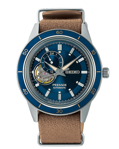 Seiko Presage automatic wristwatch with a blue dial and brown leather strap.