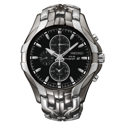 Stainless steel Seiko chronograph wristwatch with a black dial and linked metal bracelet.