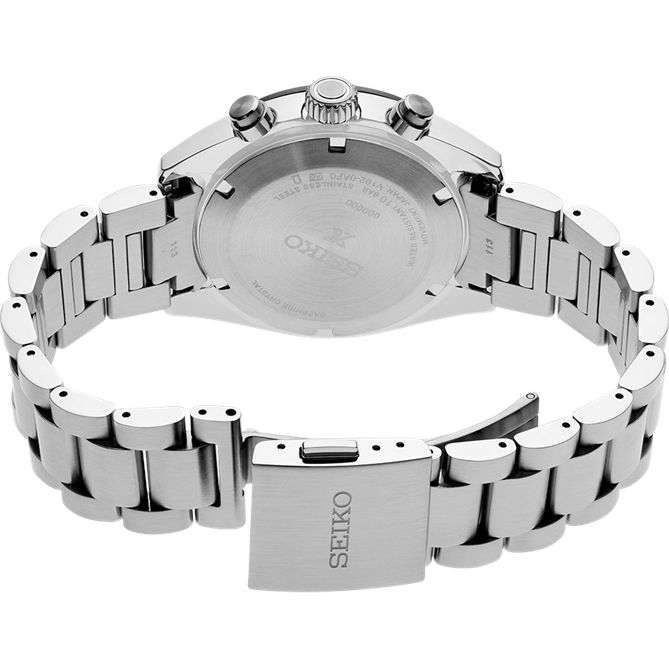 Stainless steel wristwatch with a chronograph and metal bracelet, viewed from the back.