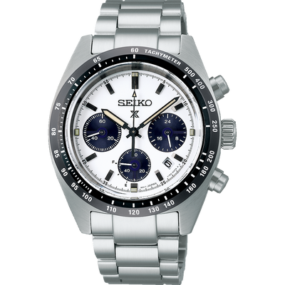 Seiko chronograph wristwatch with a white dial, black bezel, and stainless steel bracelet.