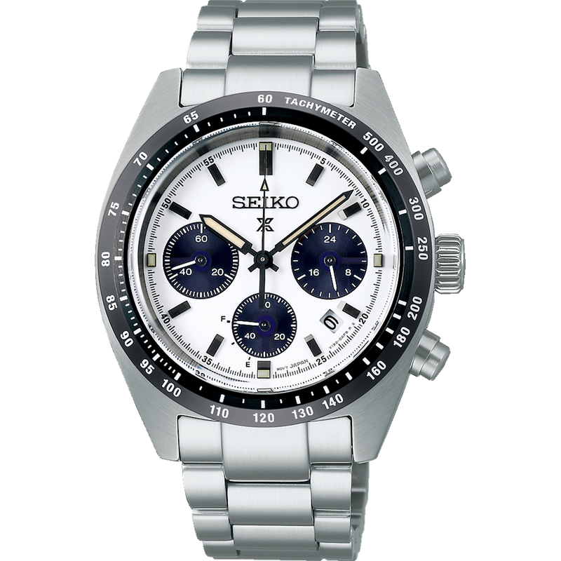 Seiko chronograph wristwatch with a white dial, black bezel, and stainless steel bracelet.