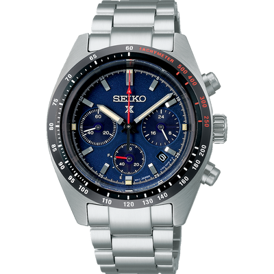 Stainless steel Seiko chronograph wristwatch with a blue dial and tachymeter bezel.