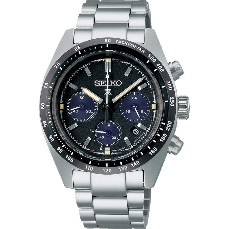 Stainless steel Seiko chronograph wristwatch with a black dial and three blue subdials.