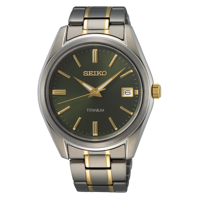 Seiko wristwatch with a green dial and two-tone metal bracelet.