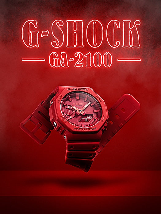 Red G-Shock GA-2100 wristwatch with a digital-analog display.