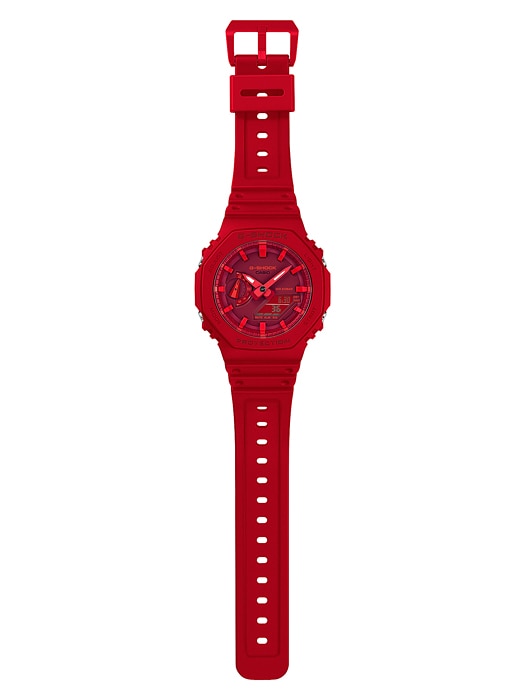 Bright red digital wristwatch with a sporty design.