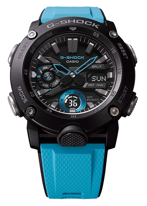 G-Shock watch with a black face and light blue strap.