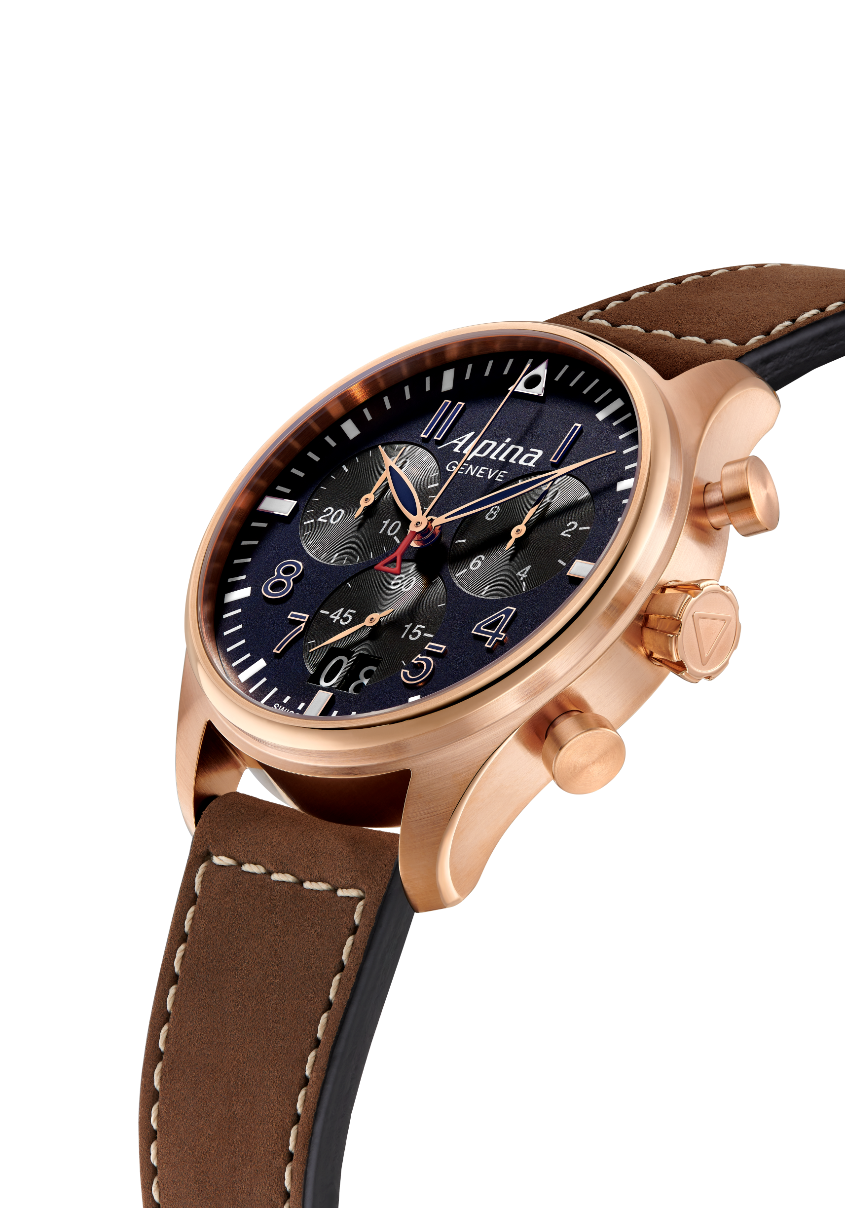 Luxury wristwatch with a brown leather strap and rose gold-toned case featuring a dark blue dial with multiple subdials.