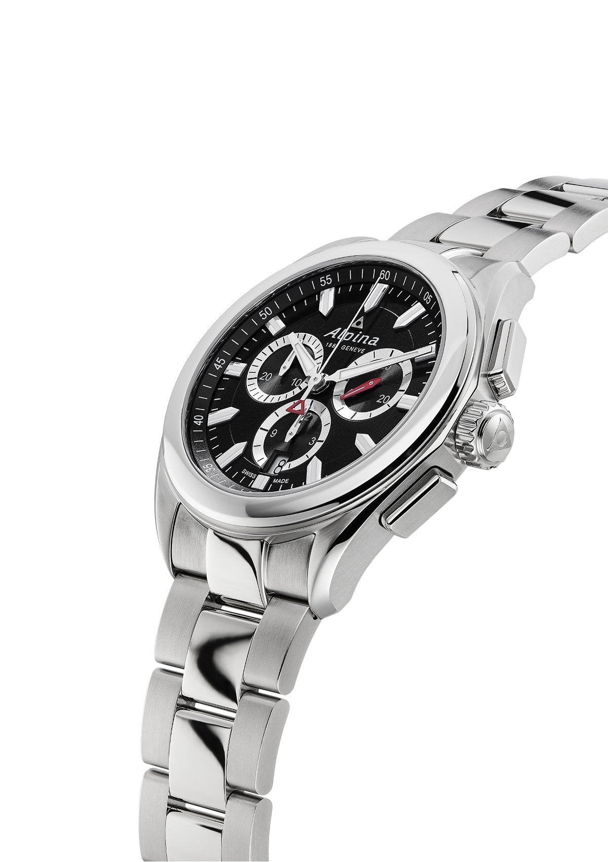 Stainless steel chronograph wristwatch with a black dial and silver bracelet.