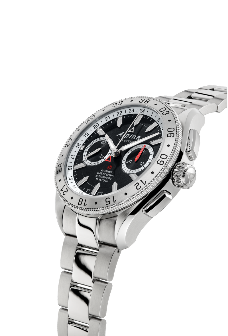 Luxury stainless steel chronograph wristwatch with a black dial 