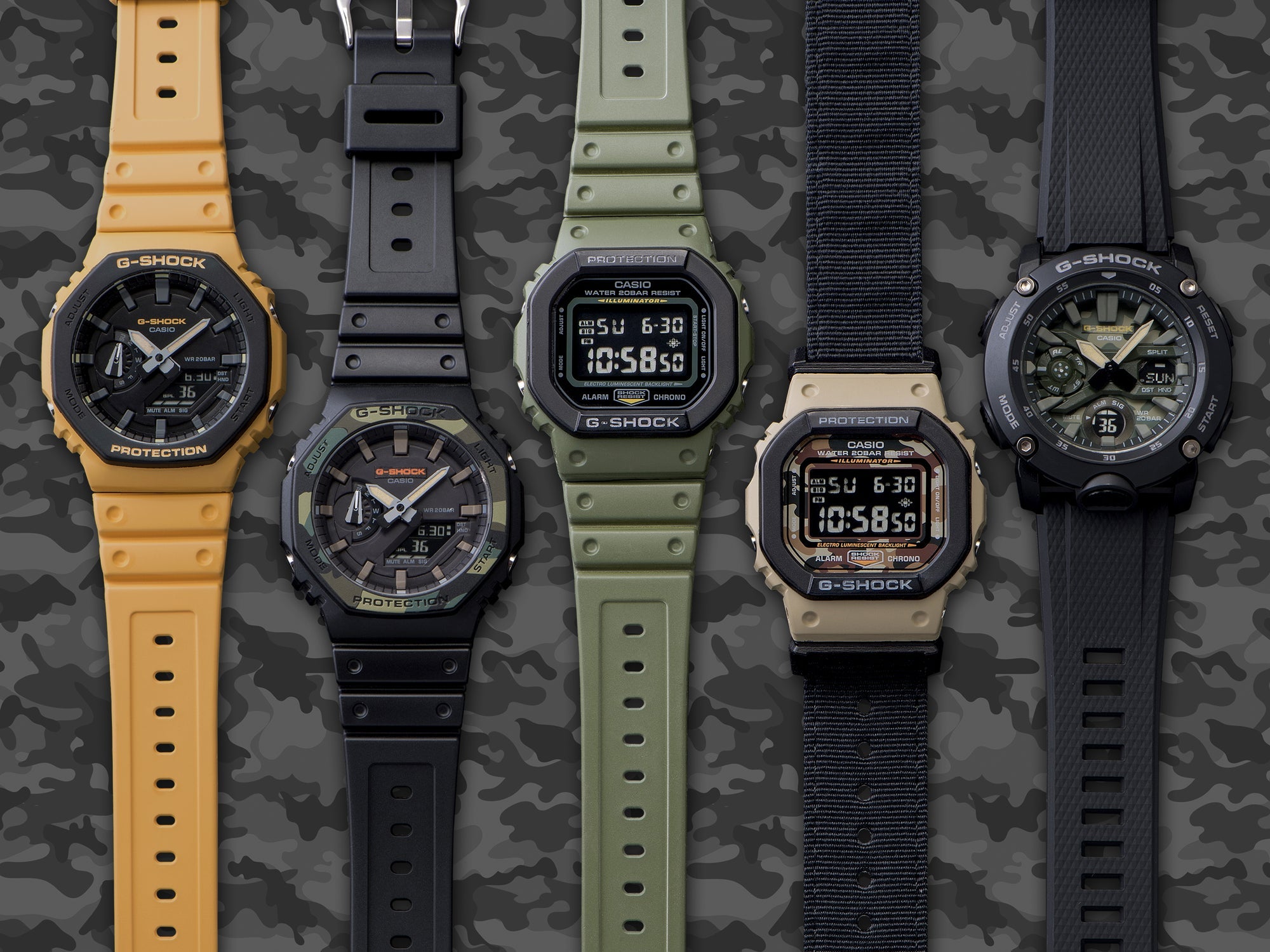 Collection of rugged digital and analog wristwatches in various colors and styles.
