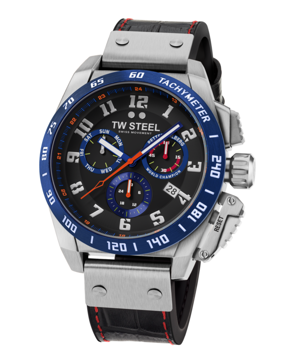 Stylish sports chronograph wristwatch with a blue bezel and black dial.