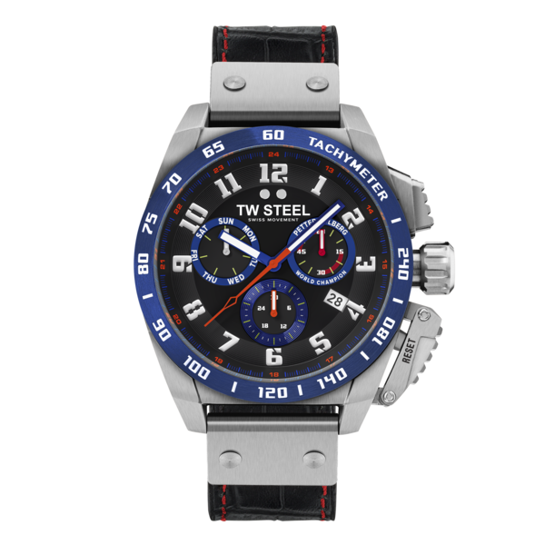 Stylish men’s chronograph wristwatch with a blue and black dial and leather strap.
