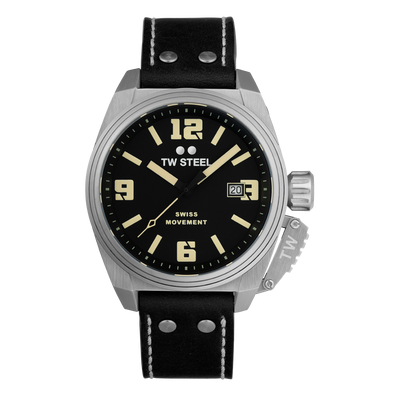 Stainless steel wristwatch with a black dial and leather strap.