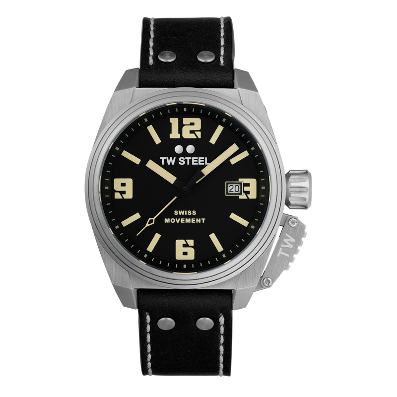 Stainless steel wristwatch with a black dial and leather strap.