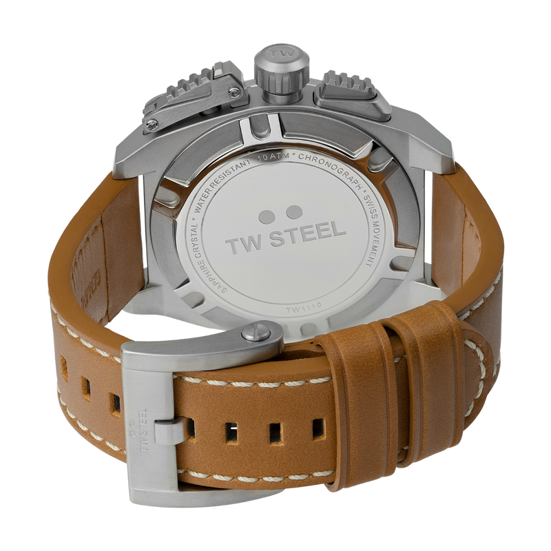 Wristwatch with a brown leather strap and silver-toned metal case.