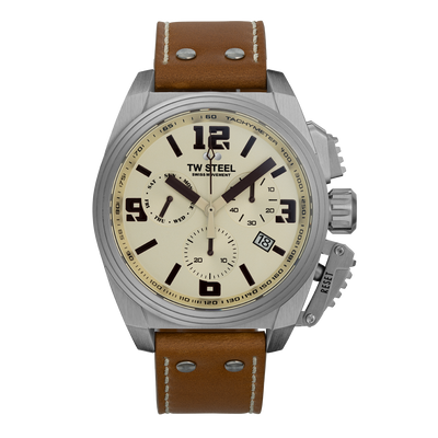 Stainless steel chronograph wristwatch with a brown leather strap and beige dial.